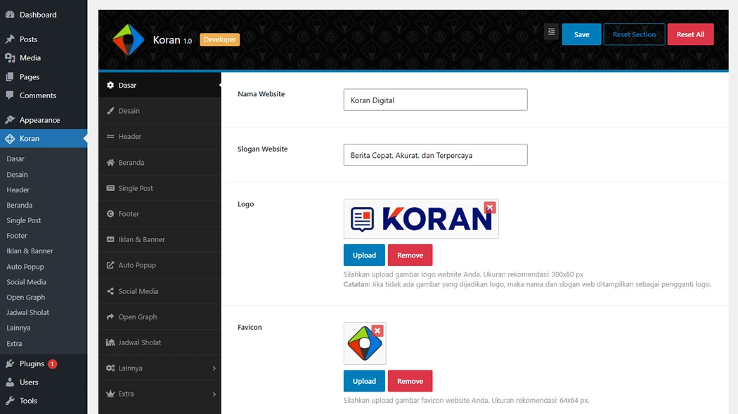 Koran Theme Options