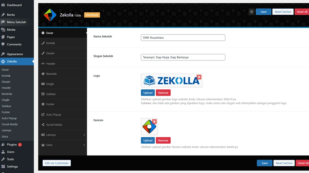 Zekolla Theme Options