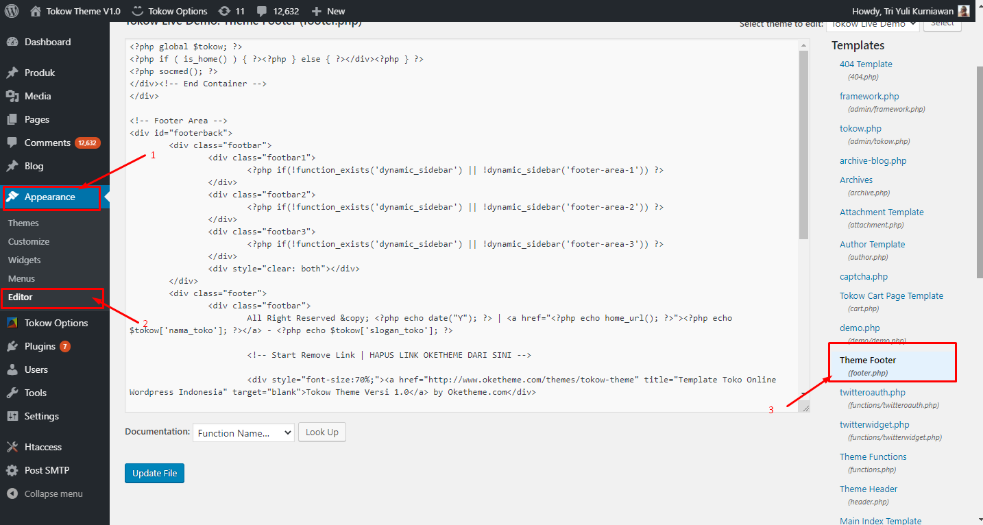 Cara menghapus atau merubah footer text template Oketheme 3 2 3