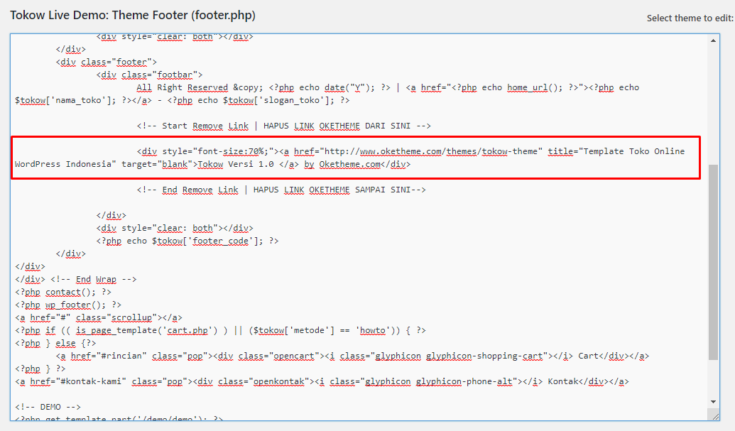 Cara menghapus atau merubah footer text template Oketheme 4 Screenshot 1