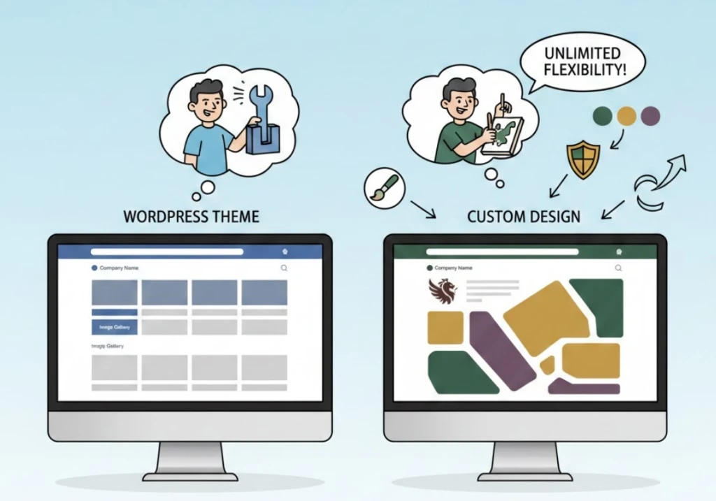 Tema WordPress vs Custom Website: Mana Pilihan Tepat untuk Anda? 1 Ilustrasi perbandingan tema WordPress dan custom website