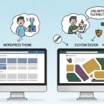Ilustrasi perbandingan tema WordPress dan custom website
