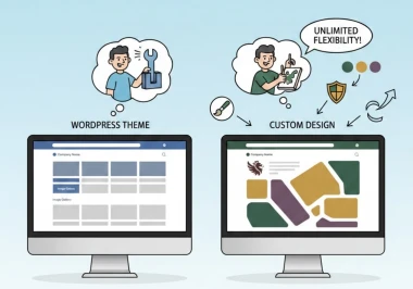 Ilustrasi perbandingan tema WordPress dan custom website